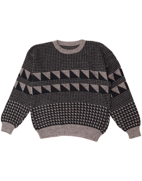 Maglione maglione girocollo da uomo vintage grande grigio geometrico