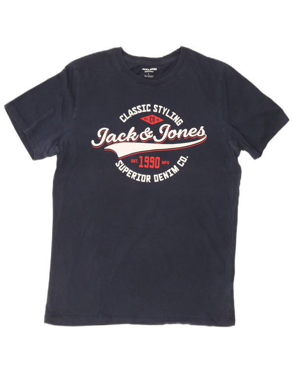 T-shirt grafica da uomo Jack & Jones Top grande in cotone blu navy