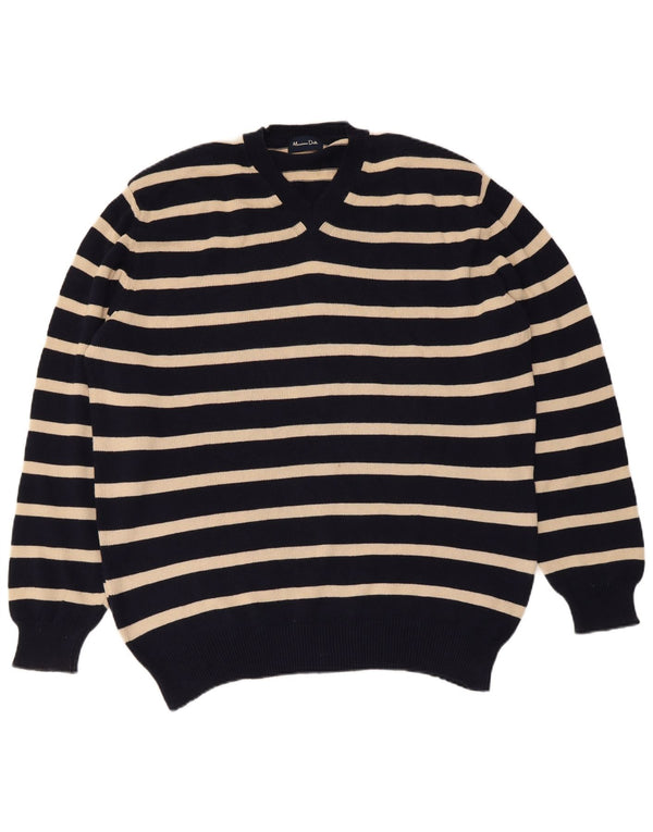 MASSIMO DUTTI Maglione da uomo con scollo a V XL in cotone a righe blu navy