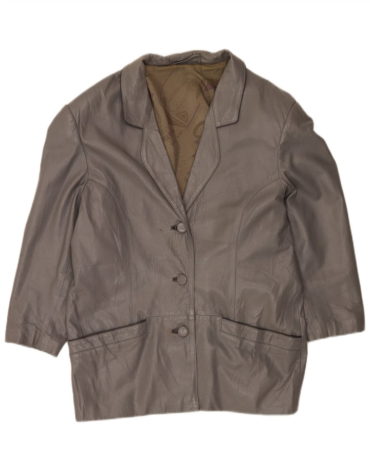 Giacca in pelle vintage da donna vestibilità ampia UK 18 XL in pelle grigia