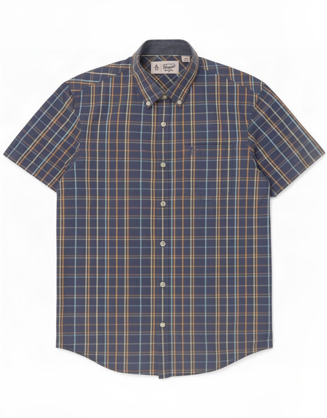 Penguin Camicia a maniche corte da uomo in cotone a quadri blu medio