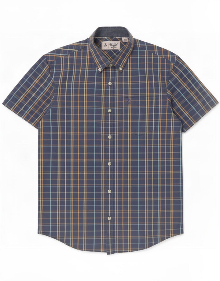 Penguin Camicia a maniche corte da uomo in cotone a quadri blu medio