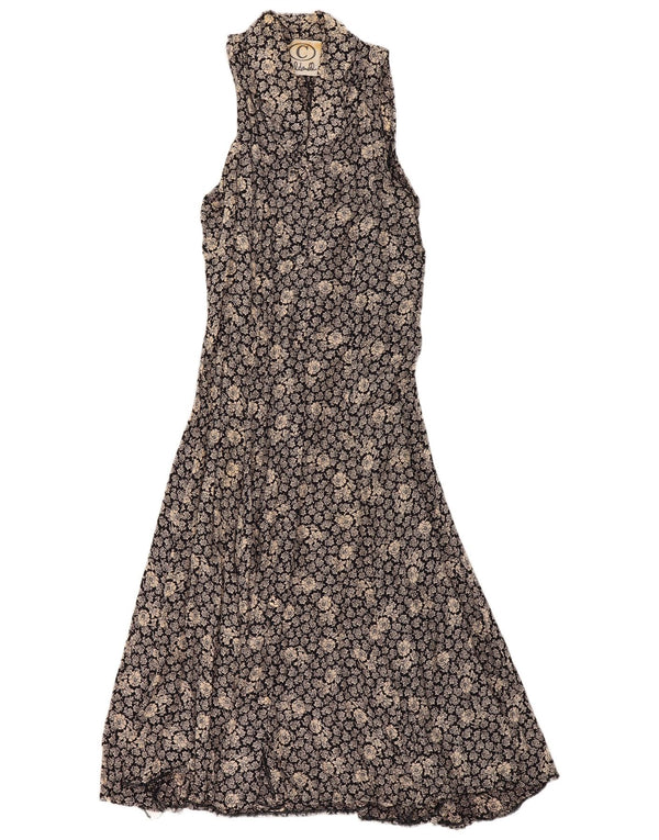 Abito maxi da donna vintage con scollo all'americana UK 10 piccolo viscosa floreale nera