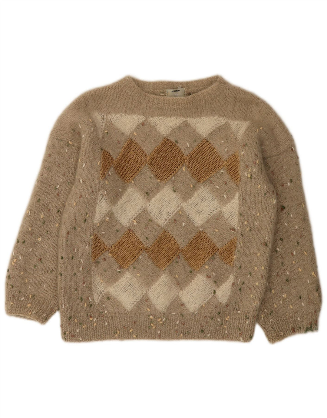 Maglione vintage da donna con scollo a barca UK 12 Argyle/diamante beige medio