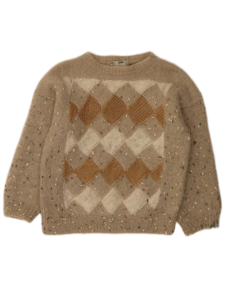 Maglione vintage da donna con scollo a barca UK 12 Argyle/diamante beige medio