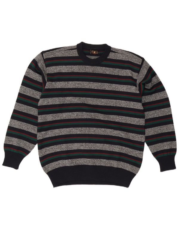 Maglione maglione girocollo da uomo vintage in lana a righe grigie XL