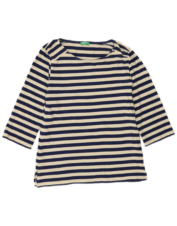 Top da donna Benetton manica 3/4 UK 10 piccolo cotone a righe blu navy