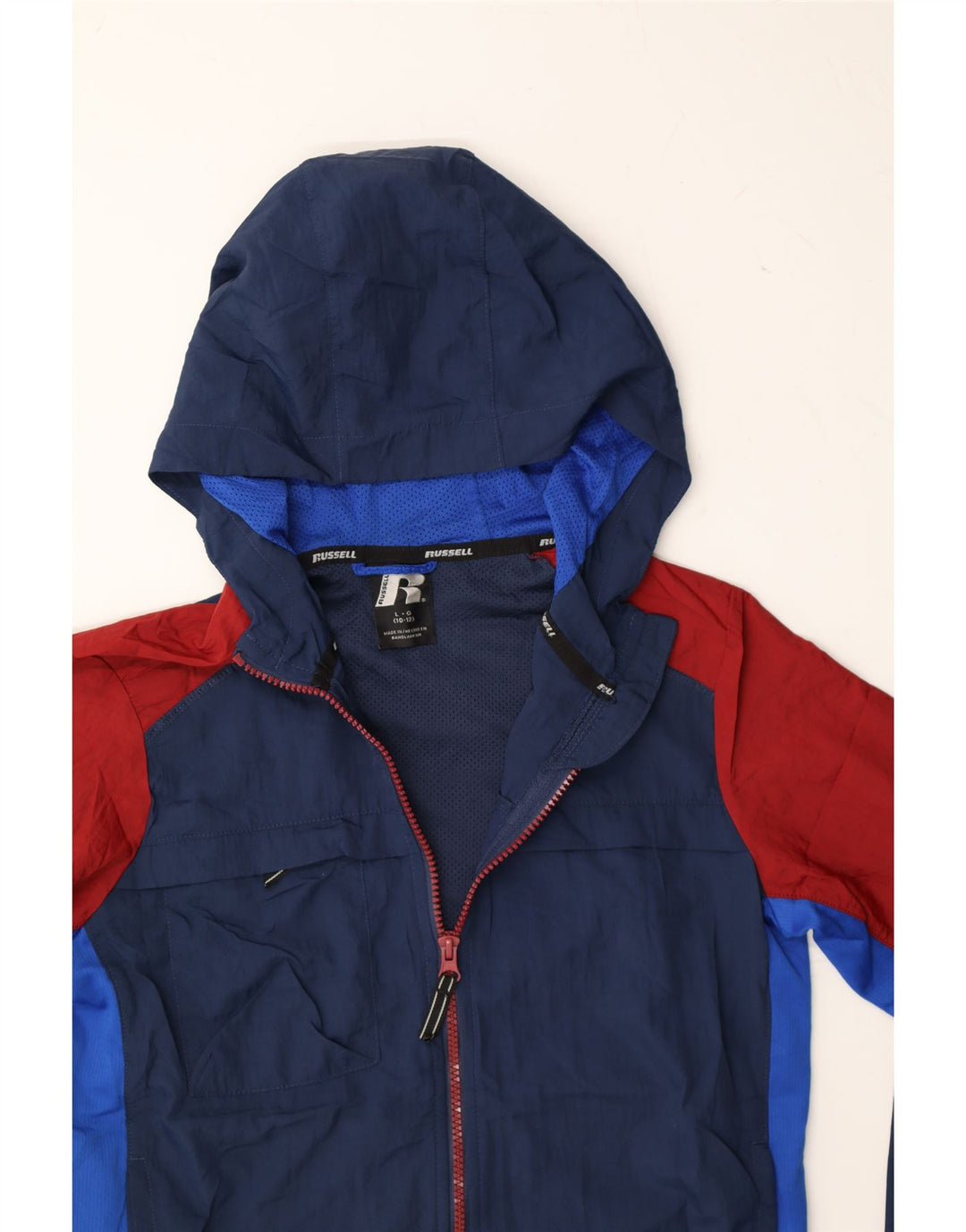 RUSSELL ATHLETIC Boys Rain Jacket 10-11 Years Large Navy Blue Colourblock Vintage Russell Athletic and Second-Hand Russell Athletic from Messina Hembry 