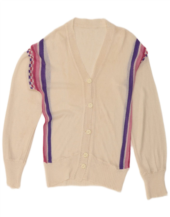 Maglione cardigan da donna vintage UK 12 medio a righe bianco sporco
