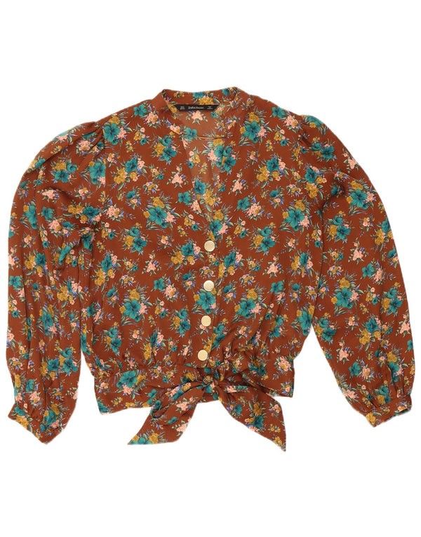 Camicia Zara da donna camicetta UK 10 piccolo poliestere floreale marrone