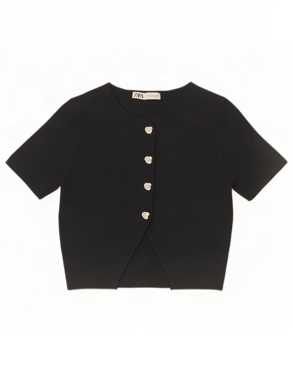 Zara Womens Crop Short Sleeve Cardigan Top UK 14 Medium Black Viscose