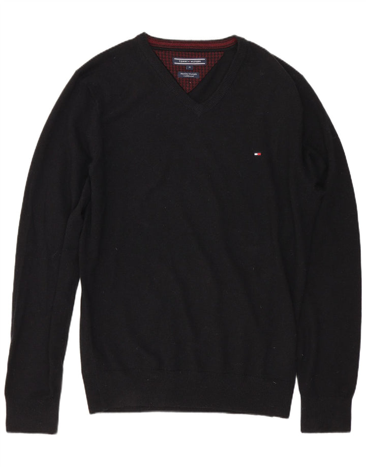 TOMMY HILFIGER Maglione da uomo con scollo a V in lana d'agnello nera media