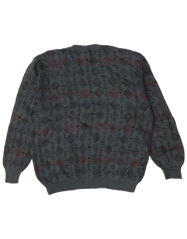 Maglione maglione girocollo da uomo vintage in lana vergine geometrica blu medio