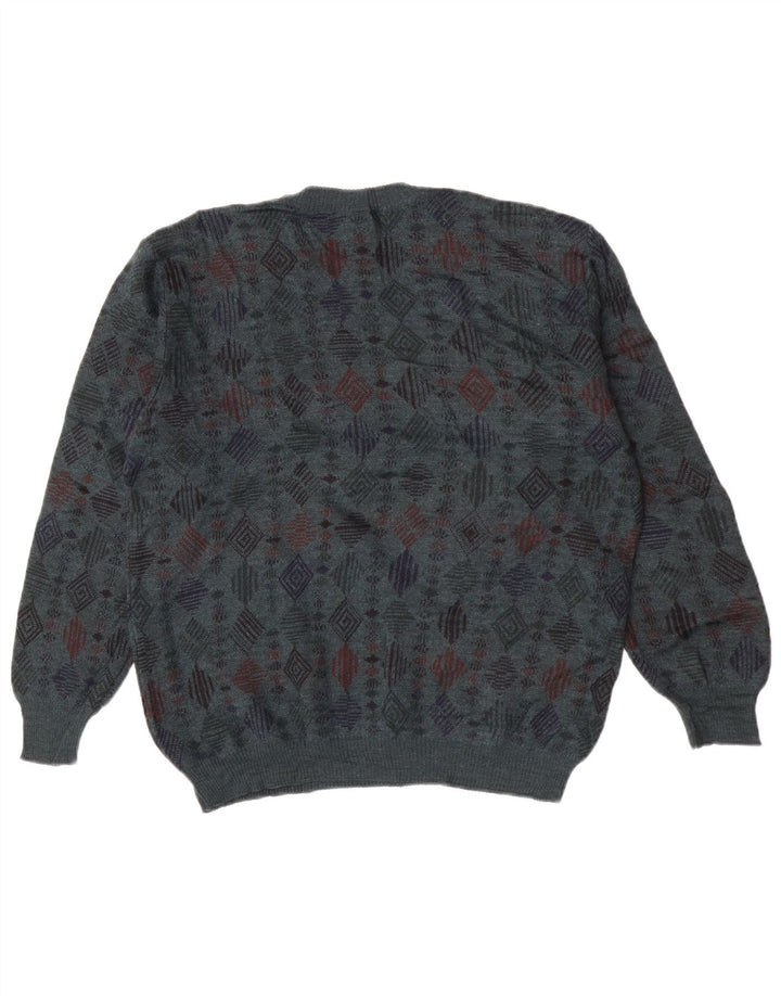 Maglione maglione girocollo da uomo vintage in lana vergine geometrica blu medio