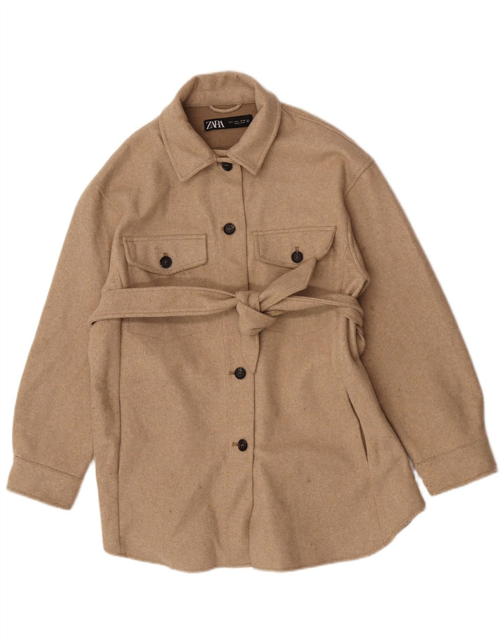 Giacca Shacket da donna Zara UK 14 grande poliestere beige