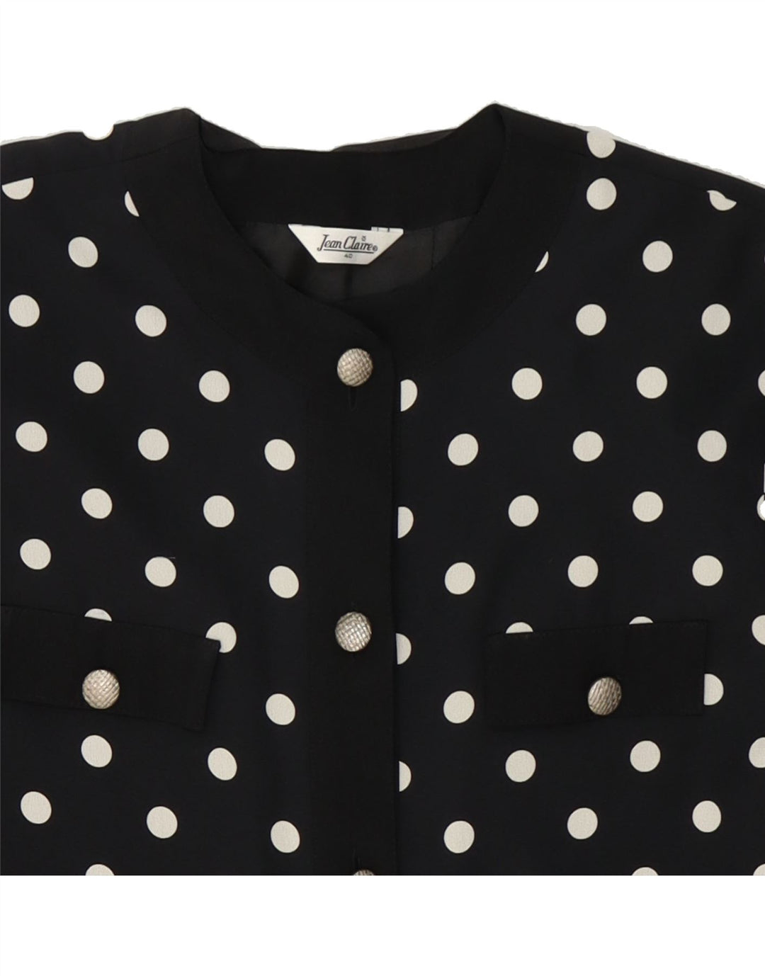 JEAN CLAIRE Womens Longline Blazer Jacket EU 40 Medium Navy Blue Polka Dot Vintage Jean Claire and Second-Hand Jean Claire from Messina Hembry 