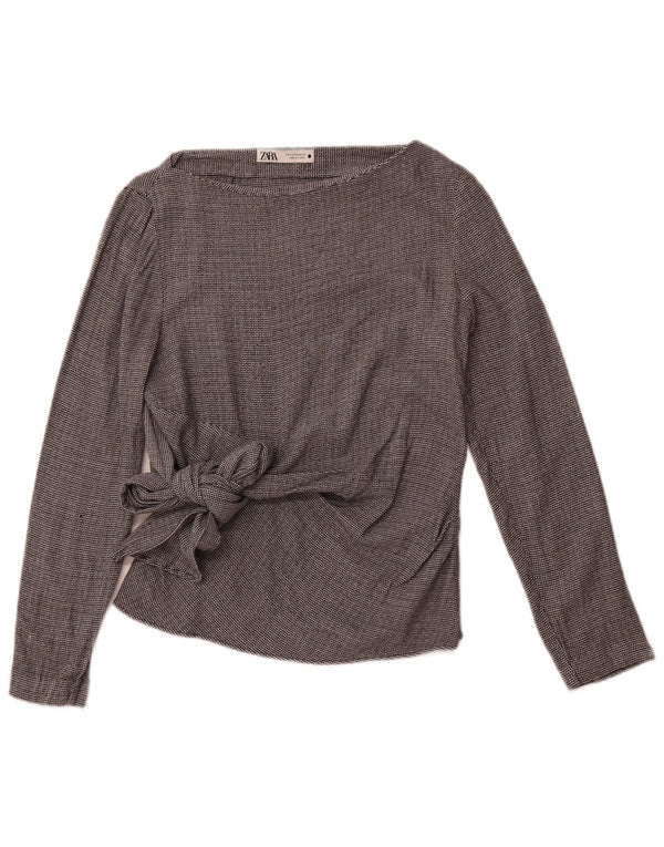 ZARA Camicetta a Maniche Lunghe da Donna Top UK 12 Viscosa Pied De Poule Grigio Medio