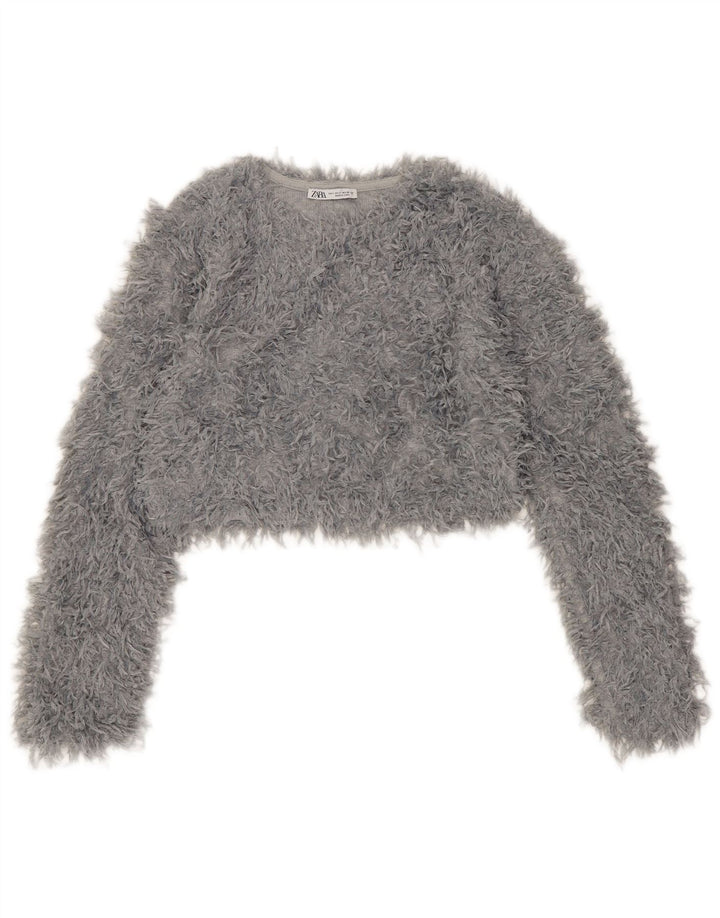 Maglione corto con scollo a barca da donna Zara UK 10 piccolo poliestere grigio