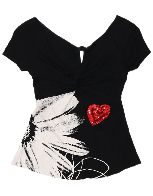 Desigual Camicetta grafica da donna Top UK 8 Piccolo cuore floreale nero
