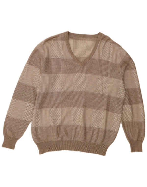 Maglione vintage da uomo con scollo a V IT 56 XL Acrilico a strisce marrone