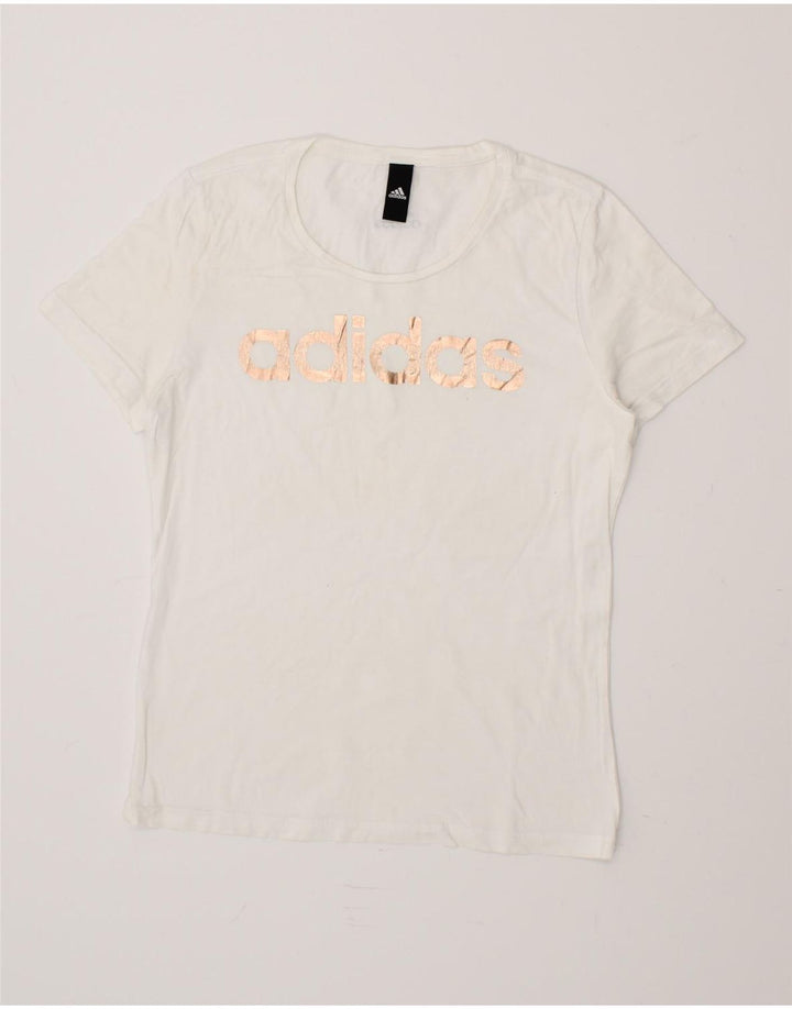 ADIDAS Womens Graphic T-Shirt Top UK 12 Medium White Vintage Adidas and Second-Hand Adidas from Messina Hembry 