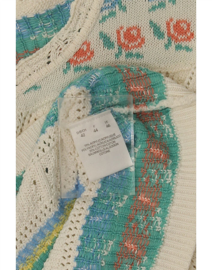 Maglione da donna VINTAGE con scollo a barca IT 46 Grande acrilico floreale bianco