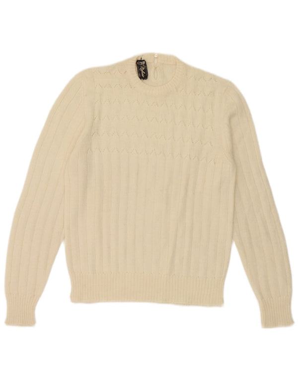 Maglione maglione girocollo da donna vintage UK 10 piccolo mohair bianco