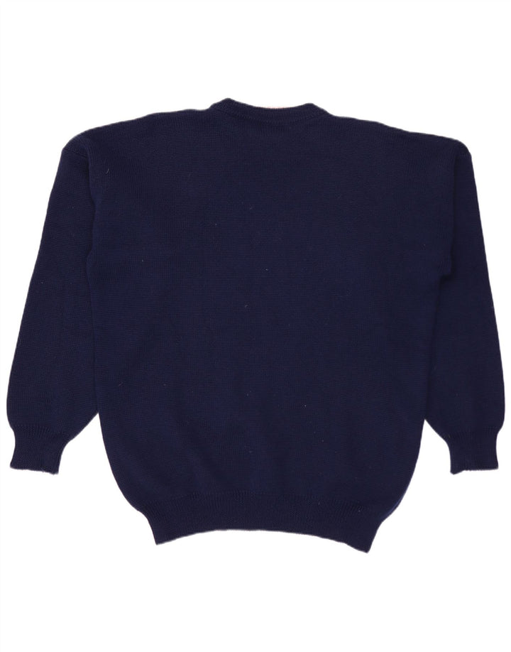 Maglione maglione girocollo da uomo VINTAGE medio in lana blu navy