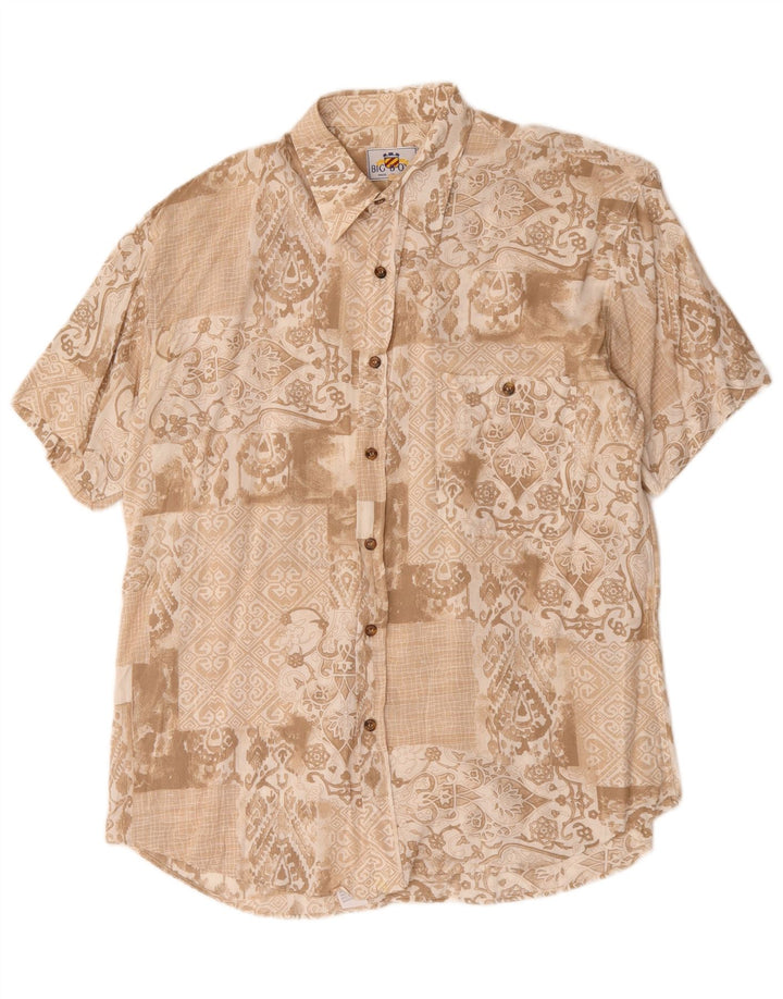 Camicia vintage da uomo a maniche corte in viscosa floreale marrone medio