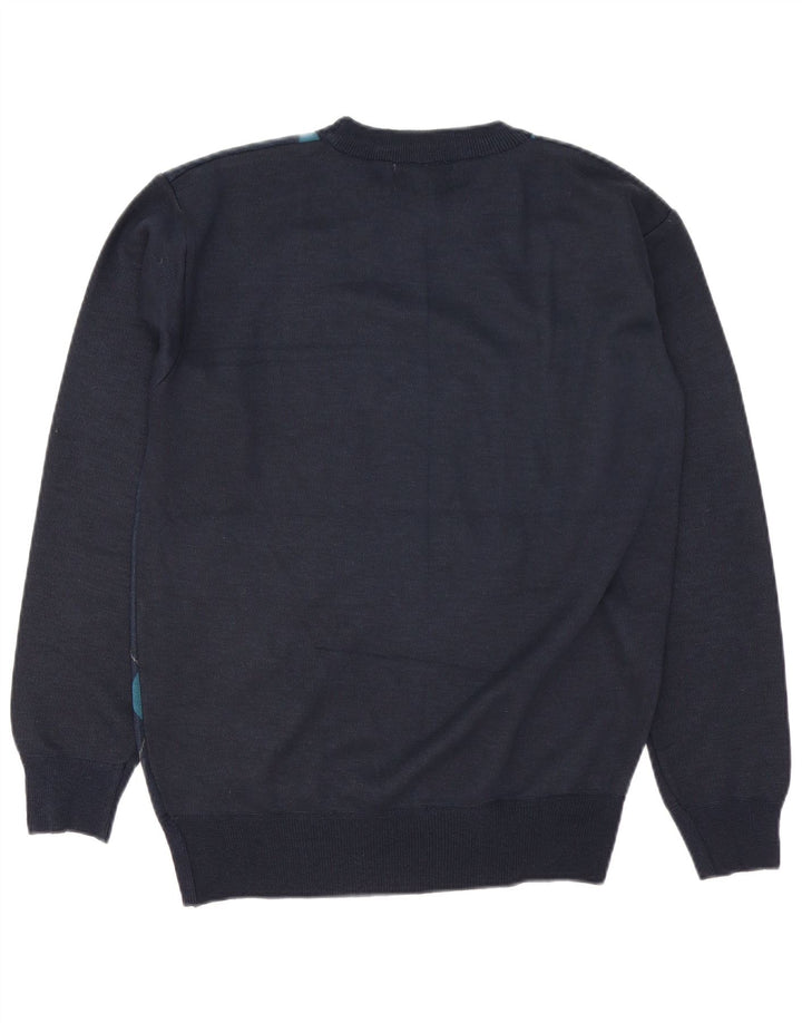 Maglione girocollo da uomo vintage grande in lana a rombi/diamante blu navy