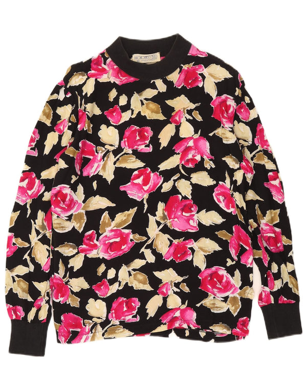Top da donna vintage a maniche lunghe UK 14 viscosa floreale nera media