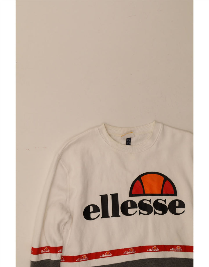 ELLESSE Womens Oversized Sweatshirt Jumper US 2 XS White Colourblock Vintage Ellesse and Second-Hand Ellesse from Messina Hembry 