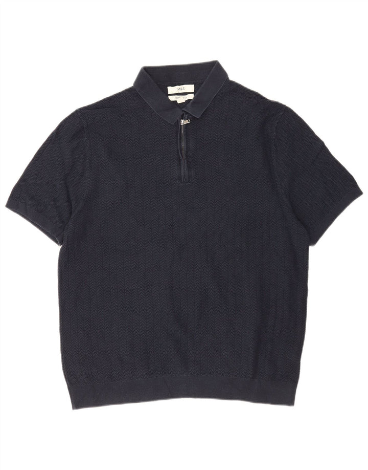 Maglione da uomo Marks & Spencer con collo alto, grande a spina di pesce blu navy