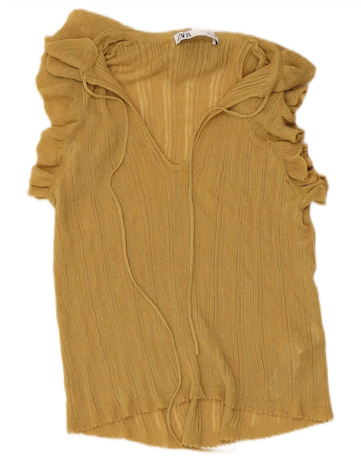 ZARA Womens Knit Blouse Top UK 10 Small Yellow Viscose