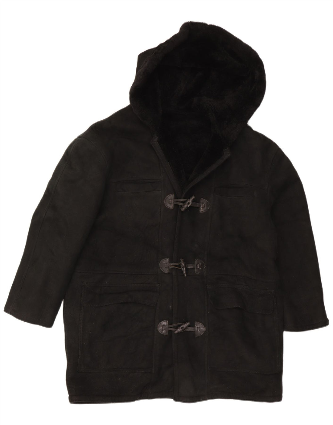 Cappotto in shearling oversize con cappuccio da donna vintage UK 16 grande nero