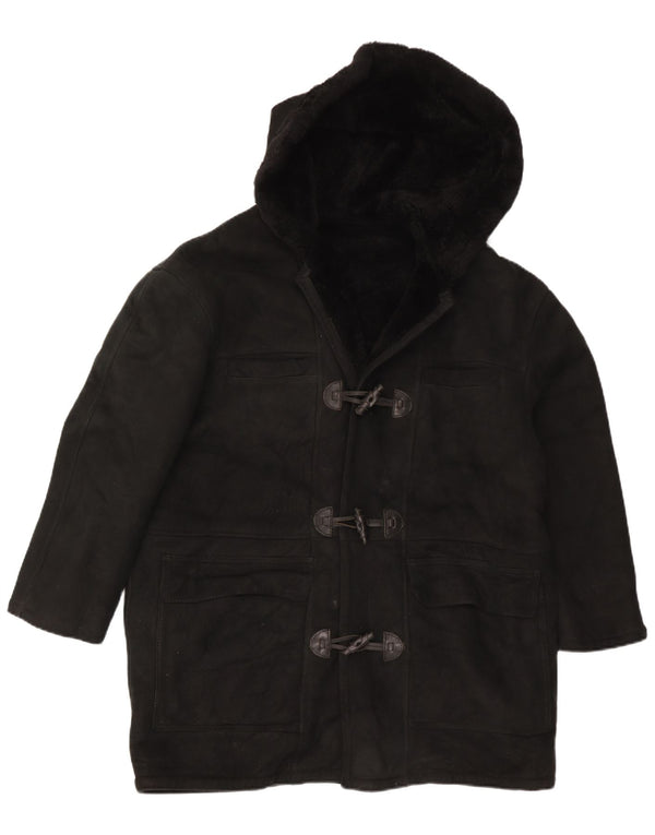 Cappotto in shearling oversize con cappuccio da donna vintage UK 16 grande nero