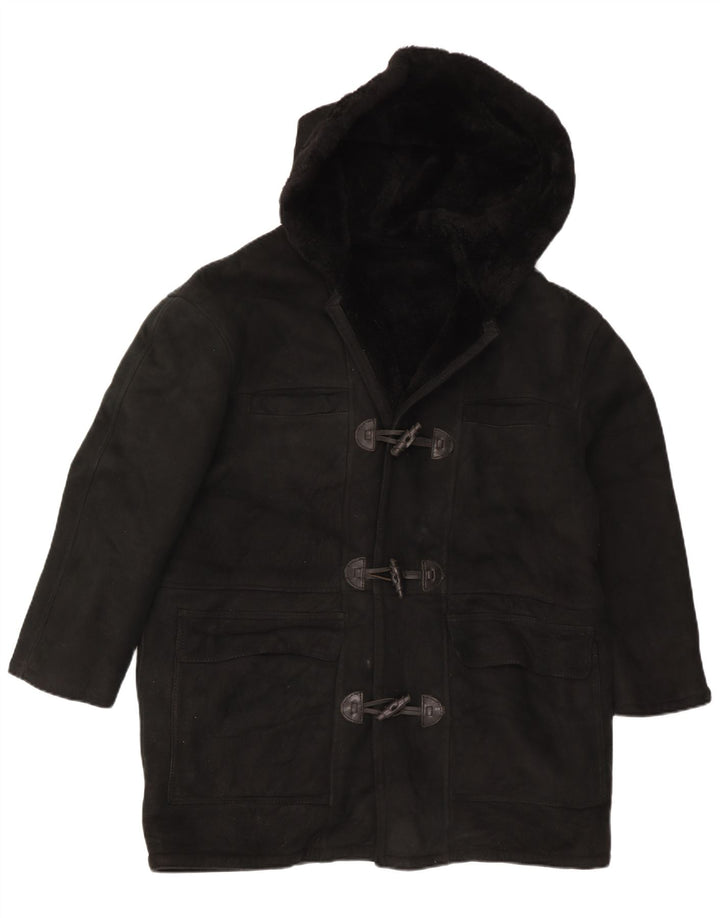Cappotto in shearling oversize con cappuccio da donna vintage UK 16 grande nero