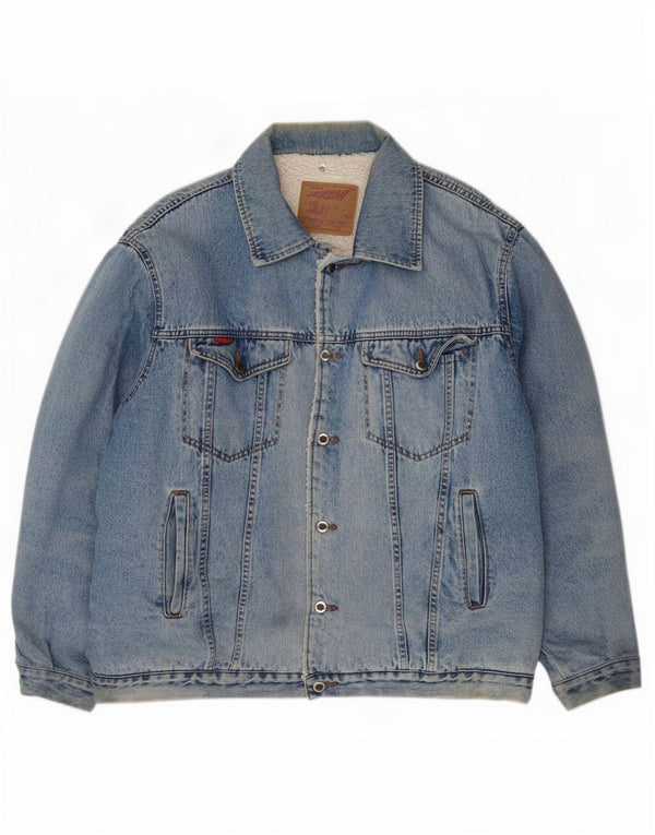 Giacca vintage in denim sherpa da uomo UK 42 XL blu