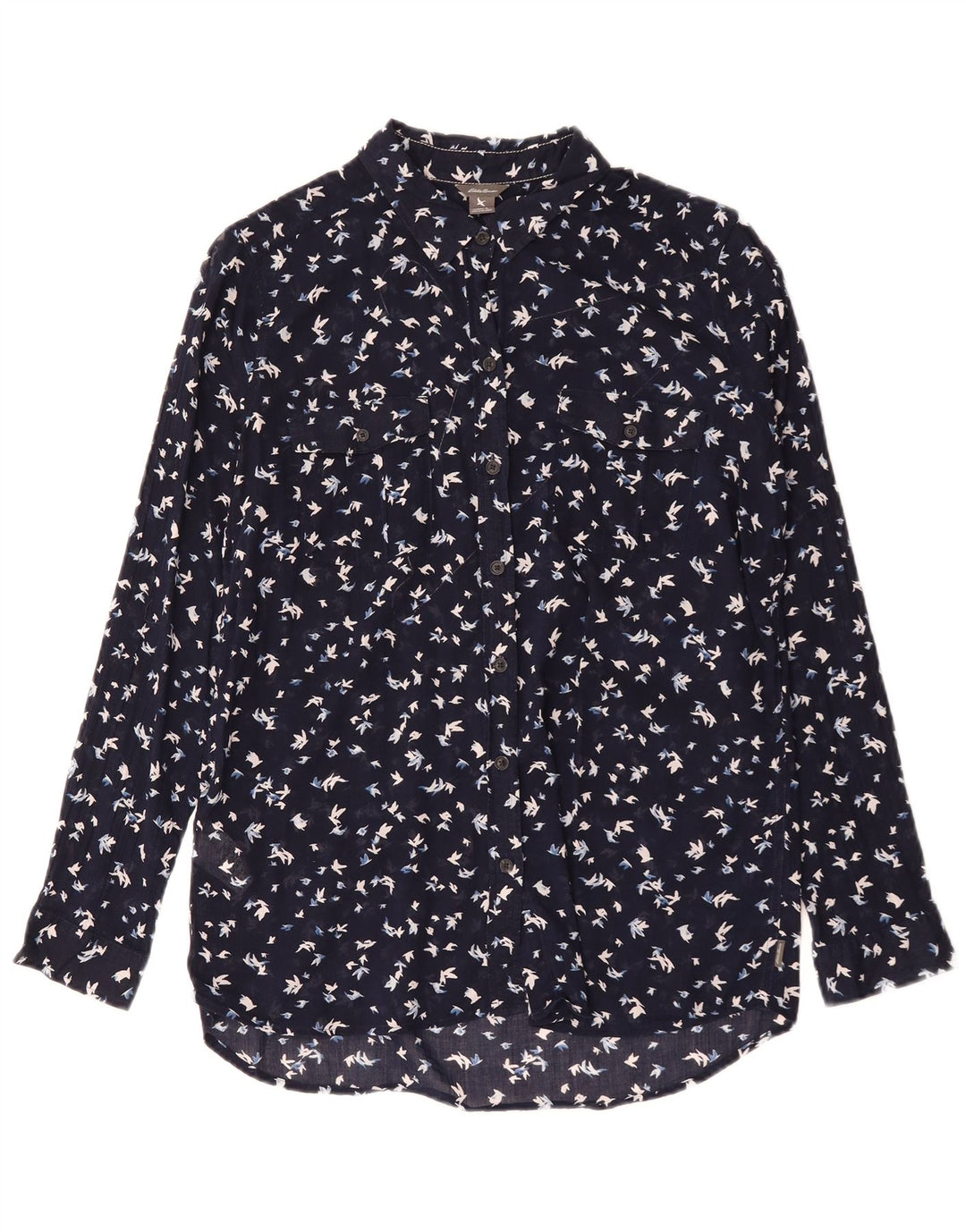 Camicia da donna con motivo astratto Eddie Bauer UK 16 grande cotone blu navy