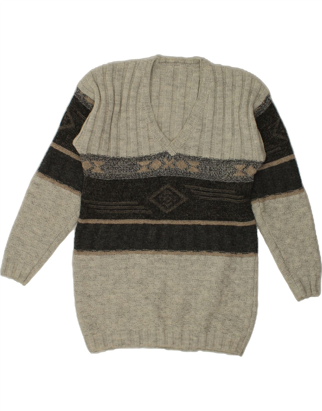 VINTAGE Mens V-Neck Jumper Sweater Medium Grey Striped Vintage Vintage and Second-Hand Vintage from Messina Hembry 