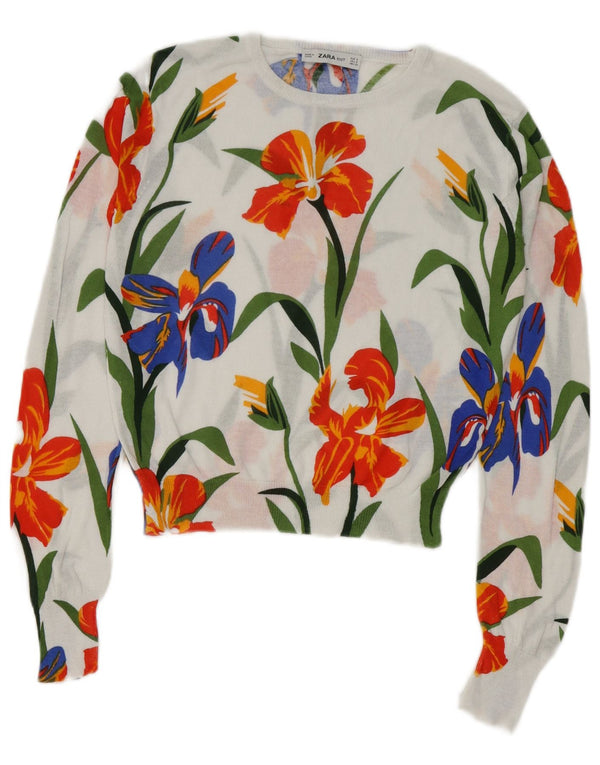 Maglione corto con scollo a barca da donna Zara UK 10 piccolo floreale bianco