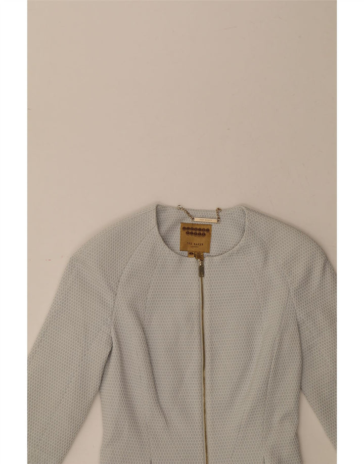 TED BAKER Womens Crop 3/4 Sleeve Blazer Jacket Size 1 XS Blue Geometric Vintage Ted Baker and Second-Hand Ted Baker from Messina Hembry 