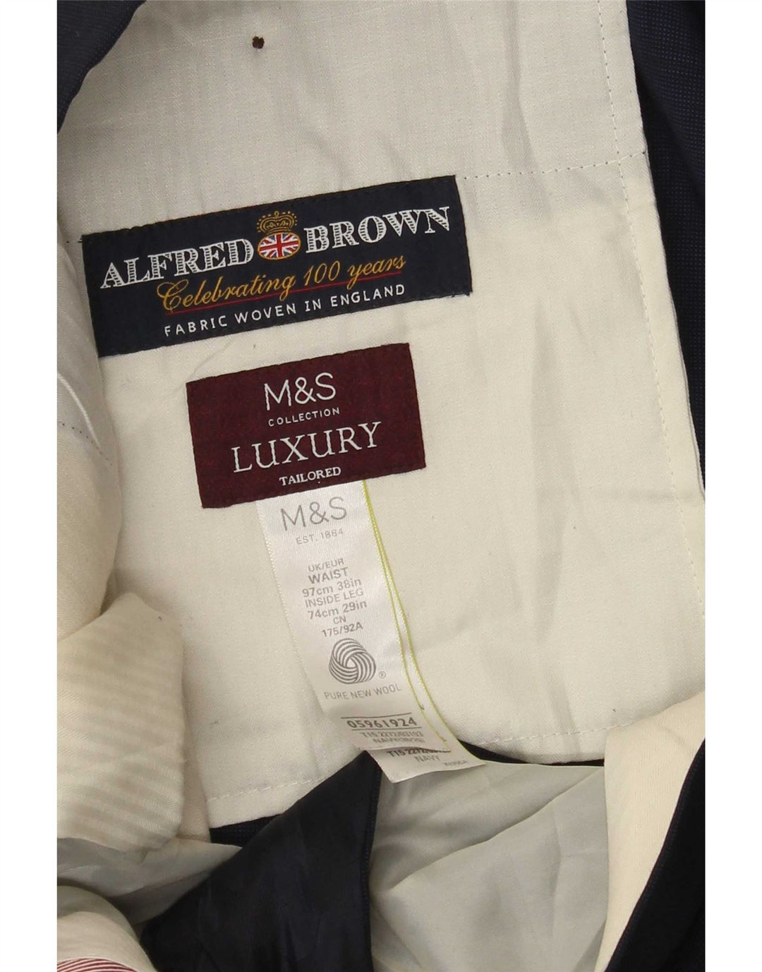 Pantaloni da abito dritti da uomo Marks & Spencer W38 L29 lana blu navy
