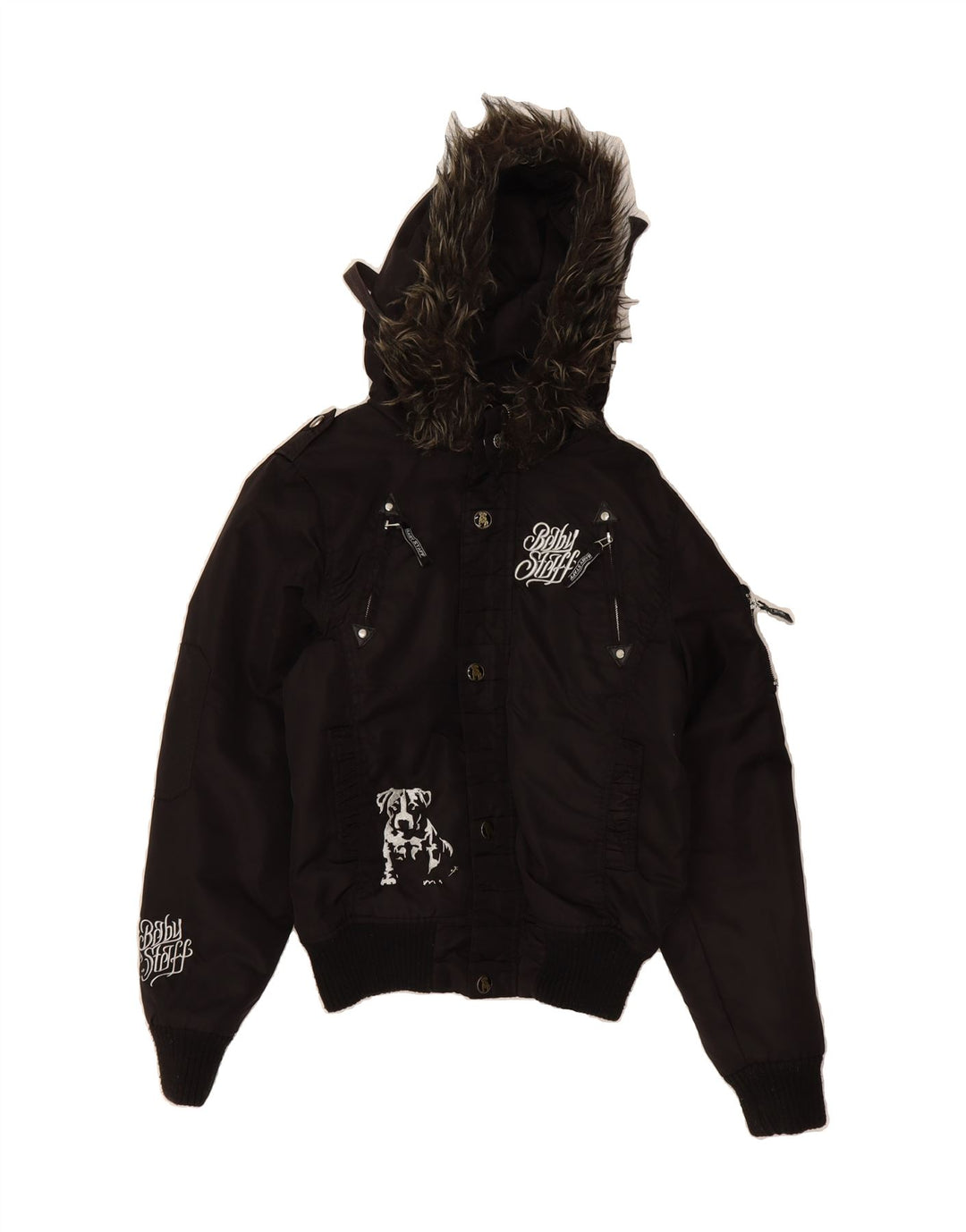 Giubbotto bomber con cappuccio grafico da donna VINTAGE UK 14 nylon nero medio