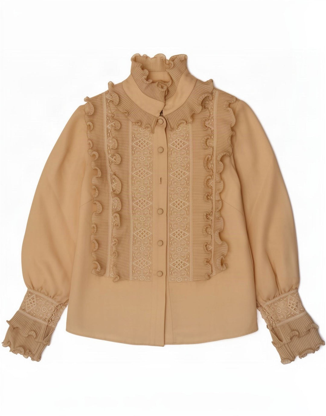 Camicetta da donna vintage con volant sul davanti UK 8 piccola Beige