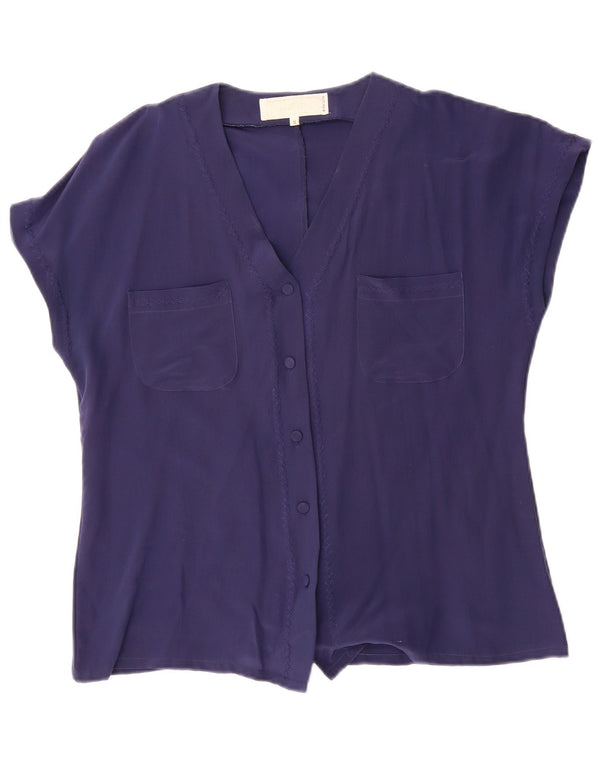 Camicetta a maniche corte ampia da donna vintage UK 10 piccola seta blu navy