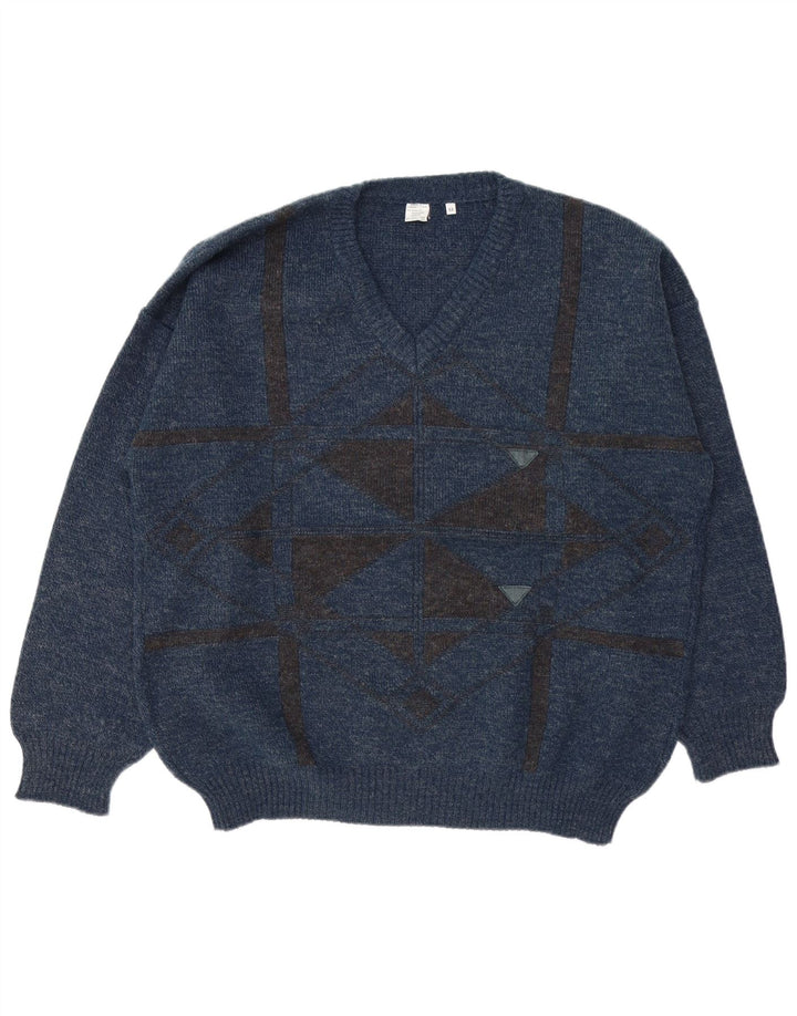 Maglione da uomo con scollo a V VINTAGE IT 52 Grande blu navy geometrico