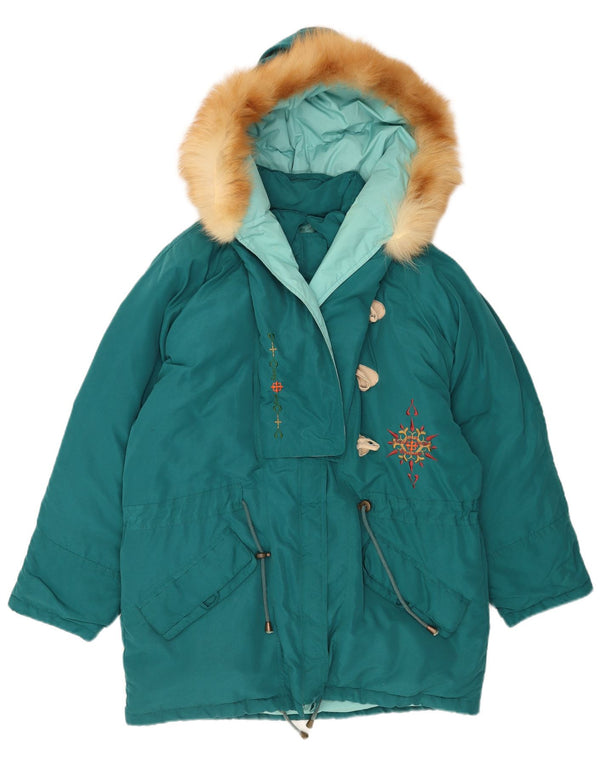 Giacca imbottita con cappuccio da donna vintage UK 18 XL Blu Poliestere