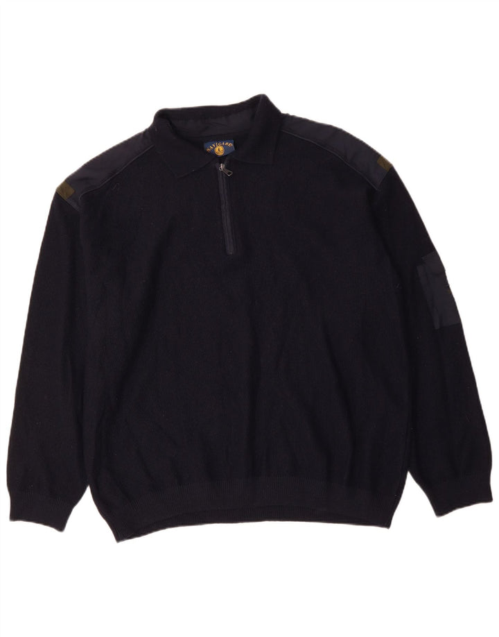 NAVIGARE Maglione da uomo con zip e collo a polo 2XL in lana merino blu navy