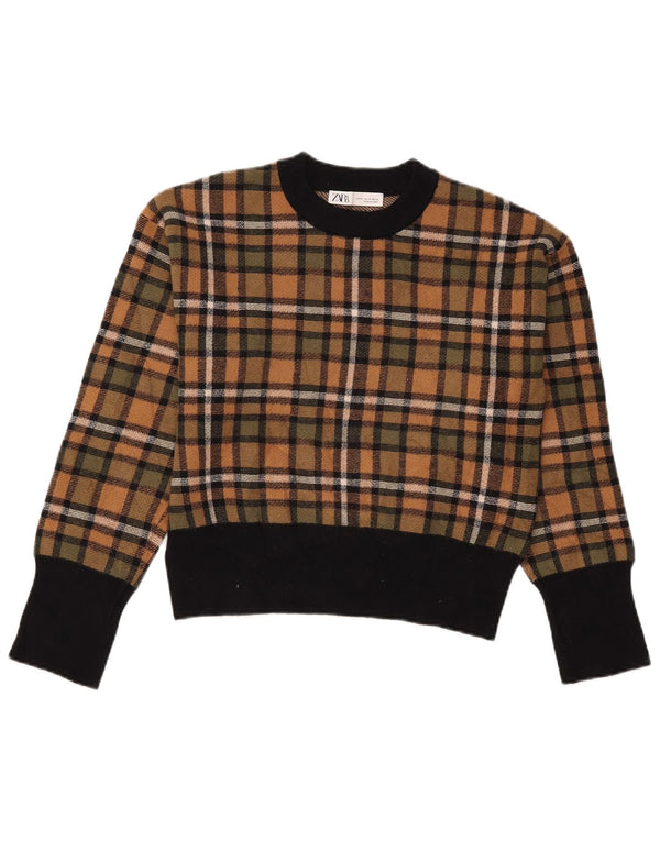 Maglione corto con scollo a barca da donna Zara UK 10 piccolo viscosa a quadri marrone